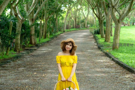 黄裙少女提花篮漫步林荫小道