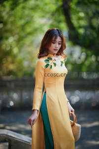 黄绿奥黛女子林间漫步