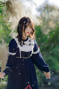 蓝裙少女芦苇丛中微风拂面