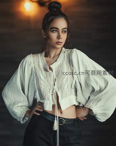 复古风格女性，泡泡袖上衣与高马尾