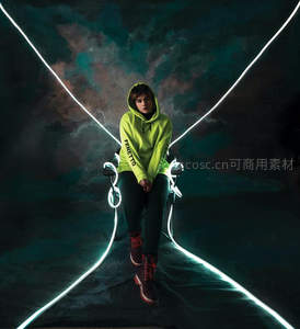 霓虹光影中，绿帽衫少年沉思坐