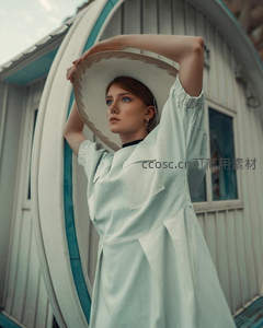 弧形建筑前举帽凝望的优雅身影