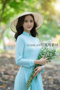 浅蓝奥黛女子微笑持花