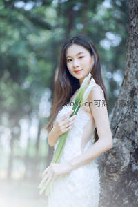 白衣女子倚树持马蹄莲，林间光影柔美如画