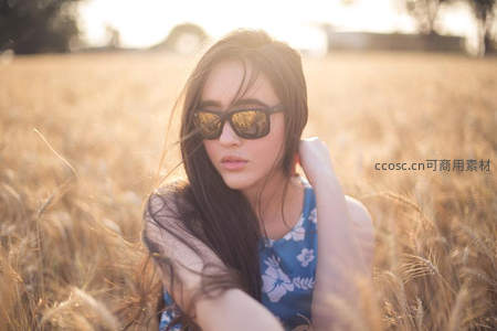 金黄麦田中的时尚女孩戴墨镜