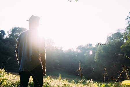逆光中男子独行，静享自然之美