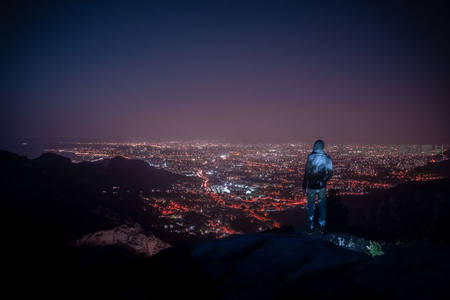 夜登高处瞰城光，万家灯火映星河