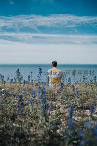 花海遥望碧波涌，黄衫少年意悠然