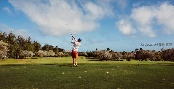 绿茵场上挥杆的高尔夫球手