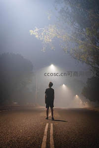 雾中孤影，路灯下的沉思者