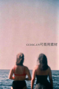 海边双影背对夕阳远眺