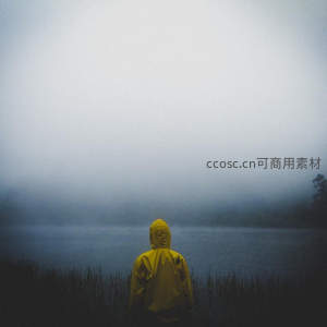 黄雨衣背影静观湖面薄雾笼罩