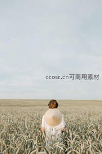戴着草帽漫步麦田的孤独身影