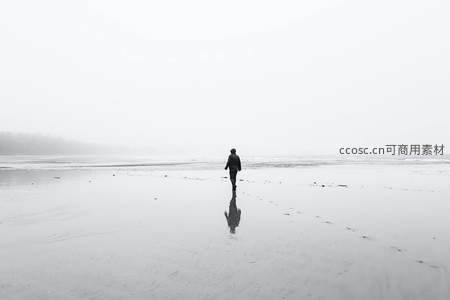 雾中孤影漫步滩涂，黑白影像诉说孤独意境
