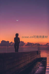 暮色码头剪影，新月高悬映晚霞
