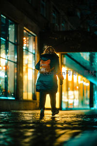 夜色中独自漫步的都市行人