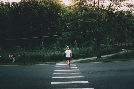 林荫小路尽头，男子背影独行斑马线