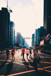 阳光大道上的人群剪影