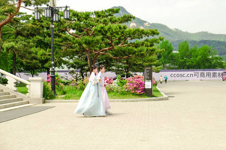 两位女子身着韩服漫步于宫殿庭院花径