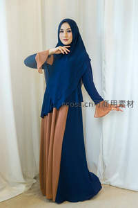 蓝棕撞色穆斯林优雅长裙