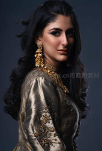 华丽金色珠宝配饰的深色礼服美人