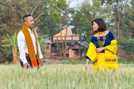 田野中身着民族盛装的情侣对望