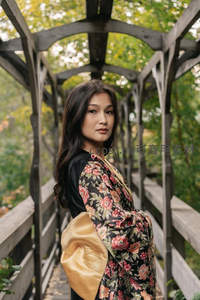 花袍女子木廊桥上静立回望