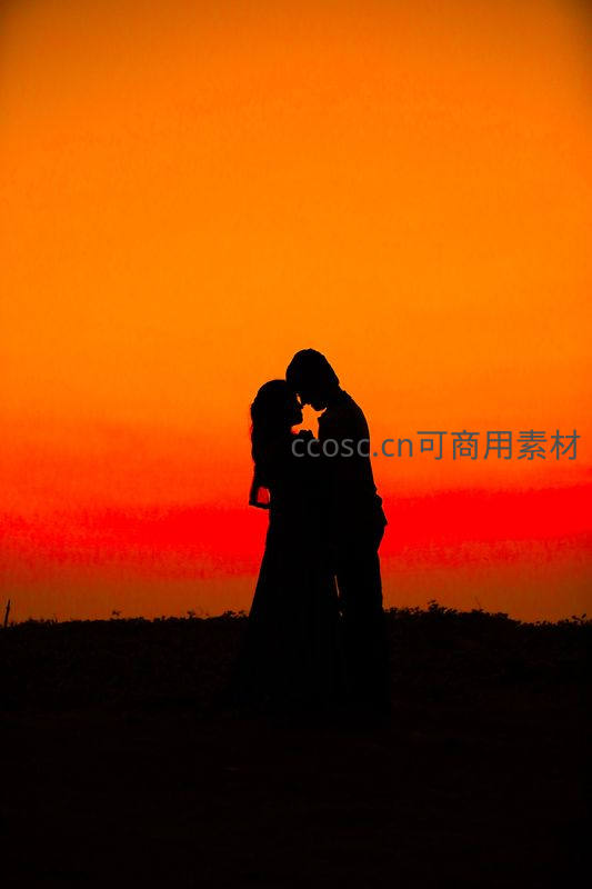 夕阳吻影，剪影中的深情相拥