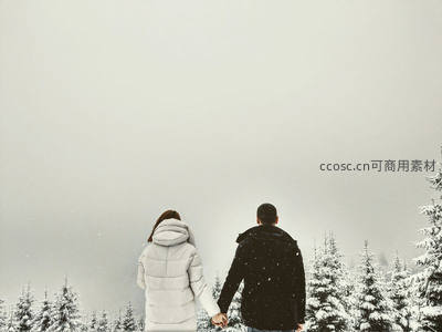 雪中牵手远眺，静谧相伴
