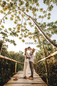 热带雨林木桥上相吻的恋人