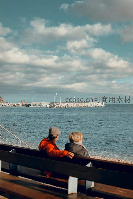 海边长椅上相依相伴的老年伴侣