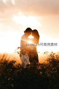 夕阳下情侣相拥亲吻，金色光芒穿透发丝