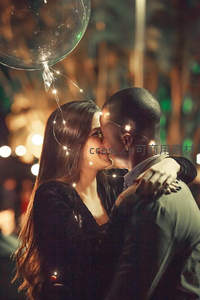 夜市灯光下情侣深情相拥亲吻瞬间