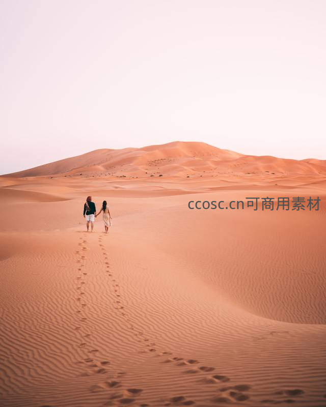沙漠中牵手漫步的浪漫情侣背影