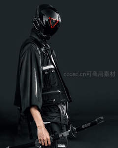 黑甲武士持剑侧影，红光眼罩科技感十足