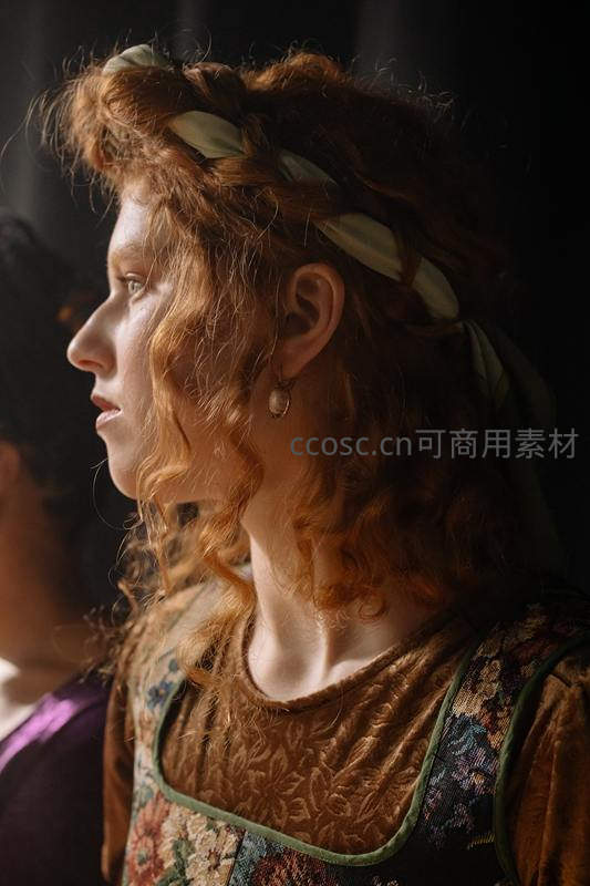 红发少女侧颜，头戴叶饰，古典优雅