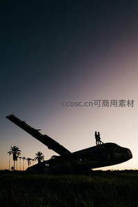 黄昏废墟飞机上情侣剪影，棕榈树相伴