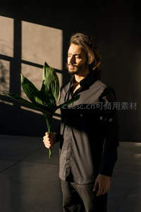 光影中的沉思男子手握绿叶