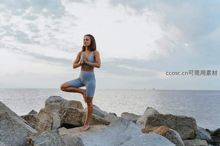 海边岩石上树式瑜伽冥想