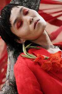 红衣花影下的沉静之美