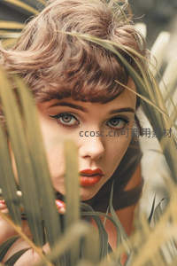 绿叶丛中凝视的复古美人