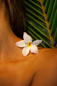 肩头白花与棕榈叶的热带风情