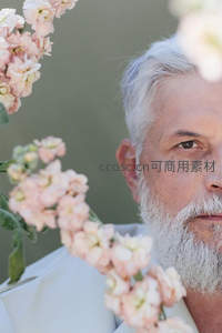 白发长须老人与粉色花丛相伴