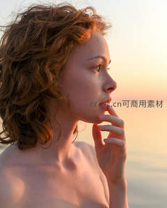夕阳海边卷发女子凝望远方沉思