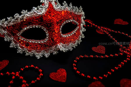 华丽红色舞会面具与心形装饰
