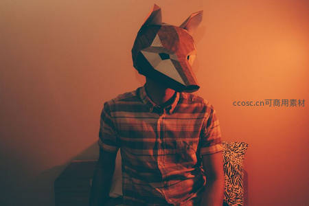 戴纸艺狐狸面具的青年在暖光中