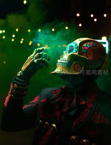 彩绘骷髅面具吸烟，绿色烟雾缭绕夜景