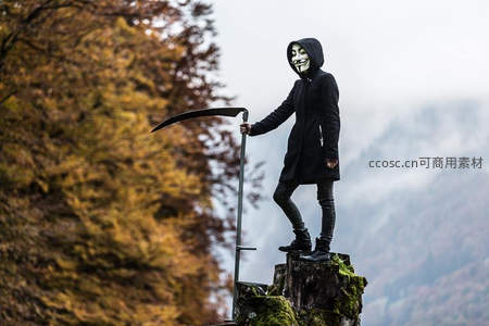 戴V字面具者立树桩持镰刀
