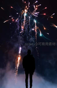 烟花下孤独的身影，仰望夜空绚烂