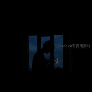 窗边剪影凝望夜空，城市灯火隐约可见